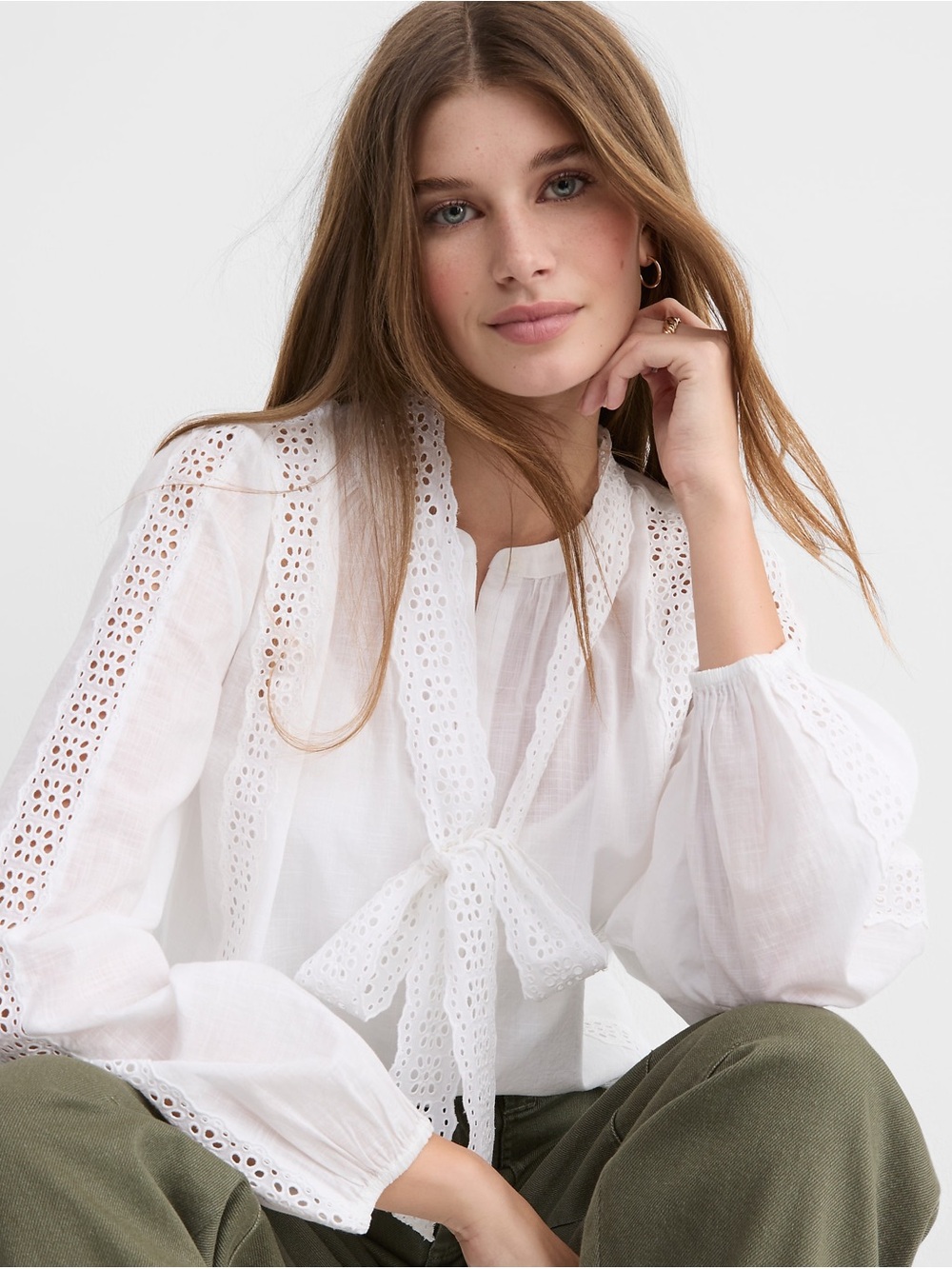 Loft White Eyelet Tie-Neck Blouse